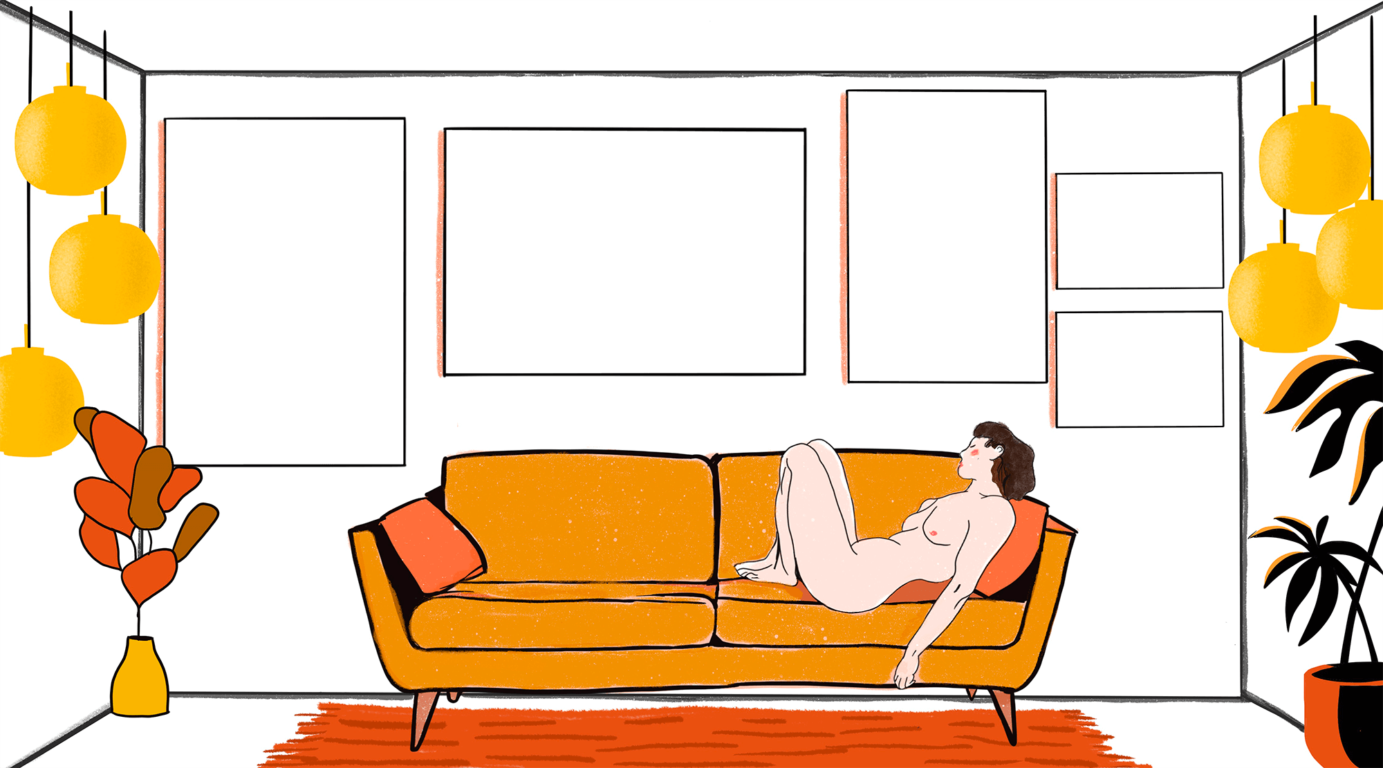 dessin d'une pièce avec des tableaux accrochés au mur et une femme nue allongées dans un canapé