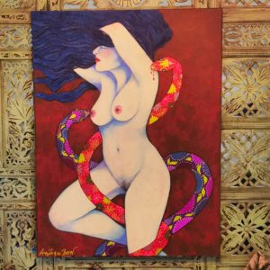 Peinture d'une femme nue de profil avec un serpent rouge qui l'entoure et qui la mord