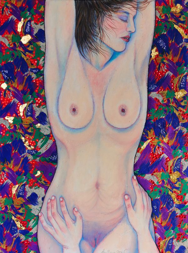 Peinture d'une femme nue sur un fond coloré