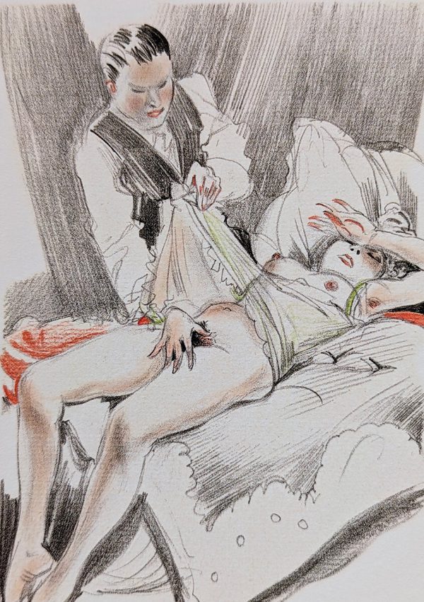 Dessin d'un homme qui et d'une femme dans un lit effectuant des préliminaires