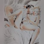 Dessin d'un homme qui et d'une femme dans un lit effectuant des préliminaires