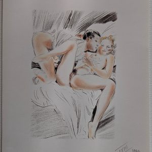 Dessin d'un homme qui et d'une femme dans un lit effectuant des préliminaires