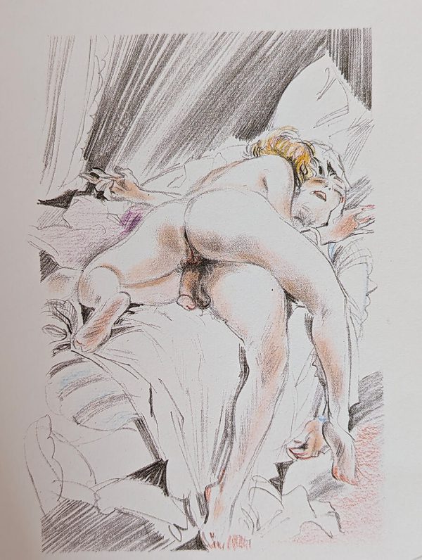 Dessin d'une femme nue allongée sur un homme nu, dans un lit