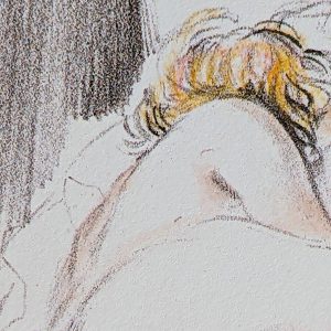 Dessin d'une femme nue allongée sur un homme nu, dans un lit