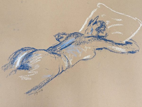 dessin d'une femme nue allongé sur un ventre avec un oreiller sous la tête