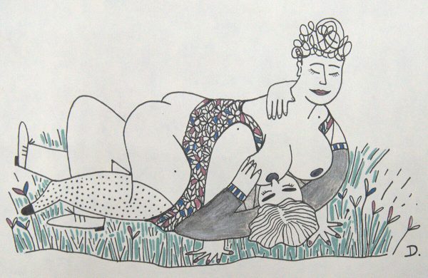 Dessin de deux femmes allongées dans l'herbe qui font l'amour