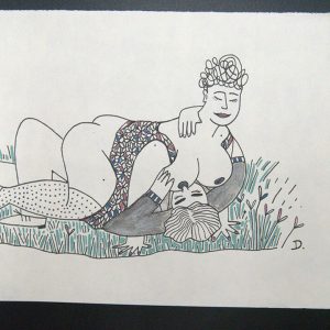 Dessin de deux femmes allongées dans l'herbe qui font l'amour