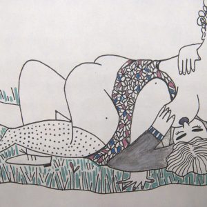 Dessin de deux femmes allongées dans l'herbe qui font l'amour