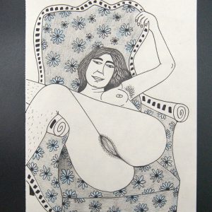 Dessin d'une femme nue avec les jambes croisées sur un fauteuil