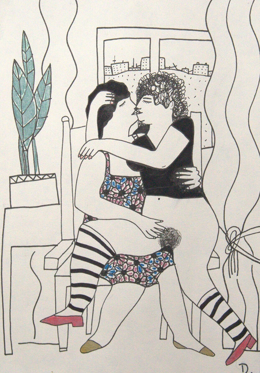 Dessin de deux femmes nues assises sur une chaise qui s'embrasse
