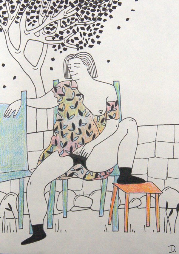 Dessin d'une femme assise sur une chaise qui se caresse le vagin