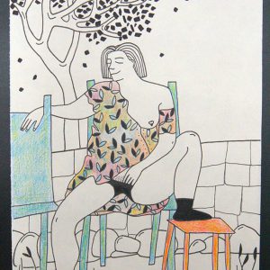 Dessin d'une femme assise sur une chaise qui se caresse le vagin