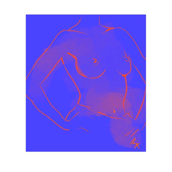 Dessin rouge sur fond bleu d'une femme nue