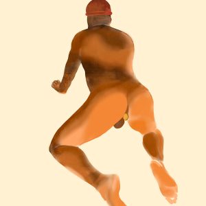Dessin d'un homme nu avec un bonnet rouge qui se tient à quatre pattes