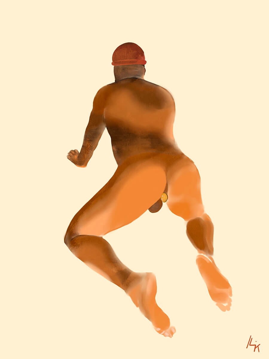 Dessin d'un homme nu avec un bonnet rouge qui se tient à quatre pattes