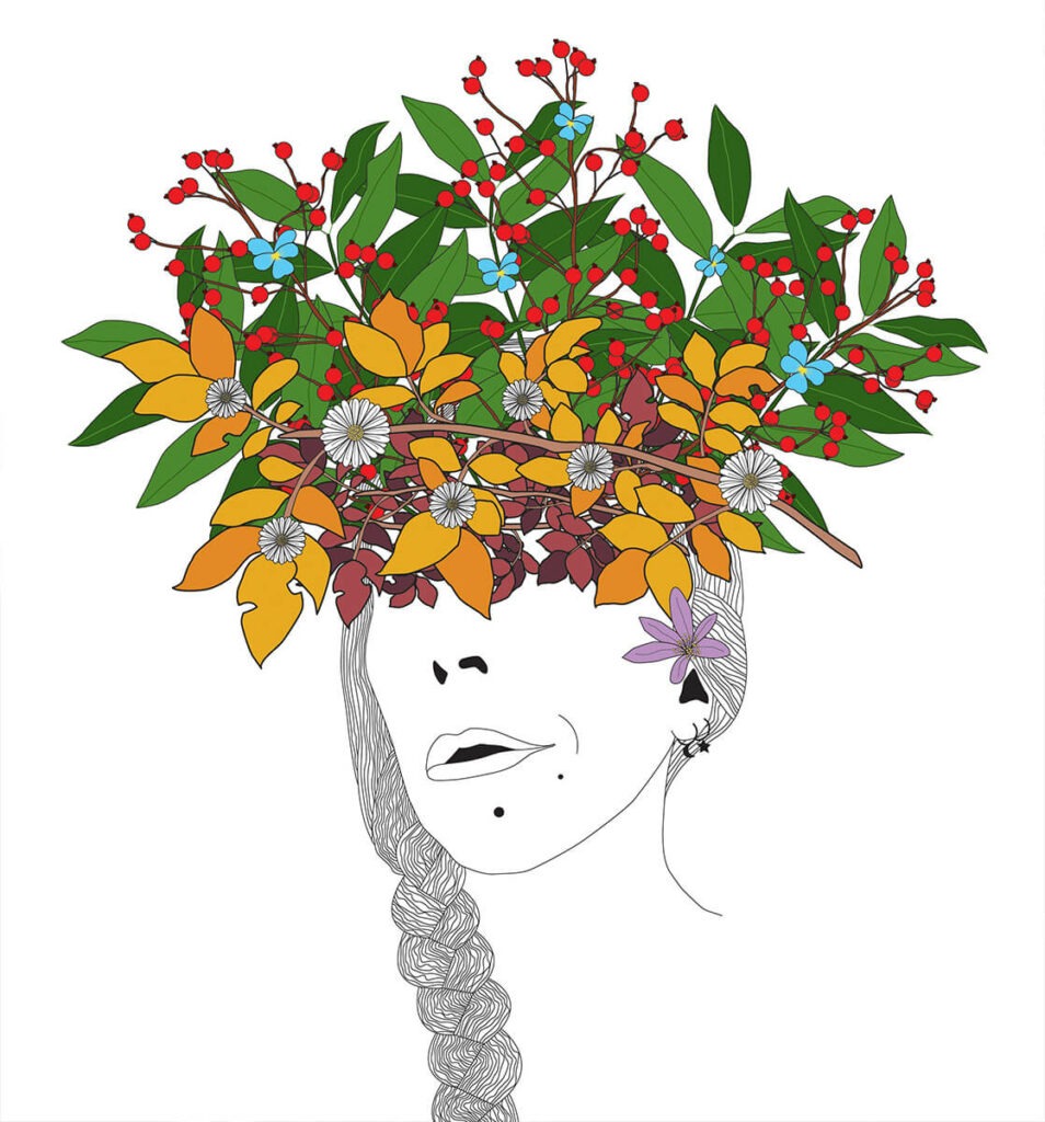 Dessin du visage d'une femme avec des fleurs sur la tête