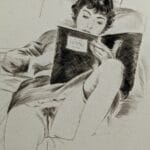 Dessin d'une femme qui lit avec le vagin apparent